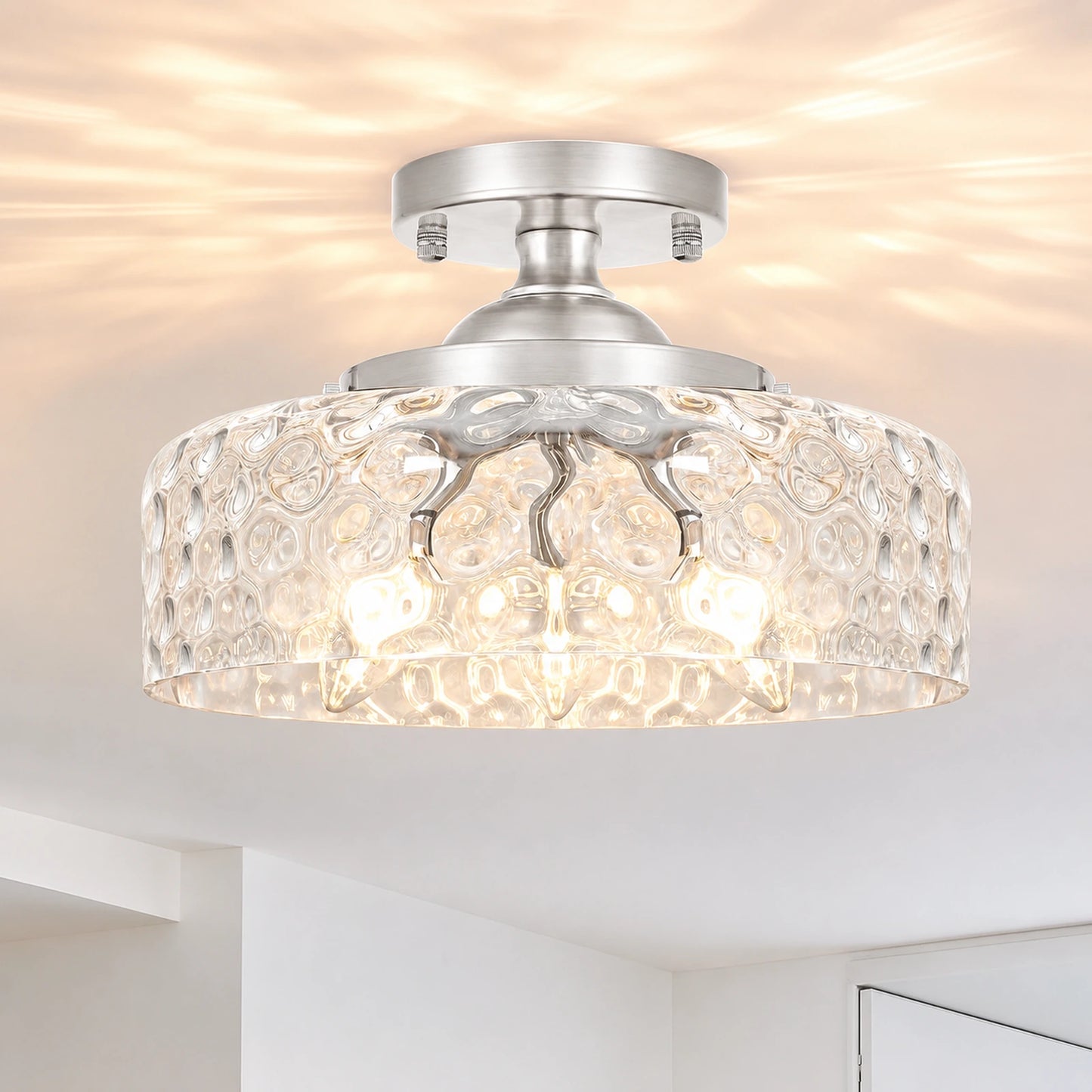 Large Hammered Clear Glass Bowl Flush Mount Ceiling Light