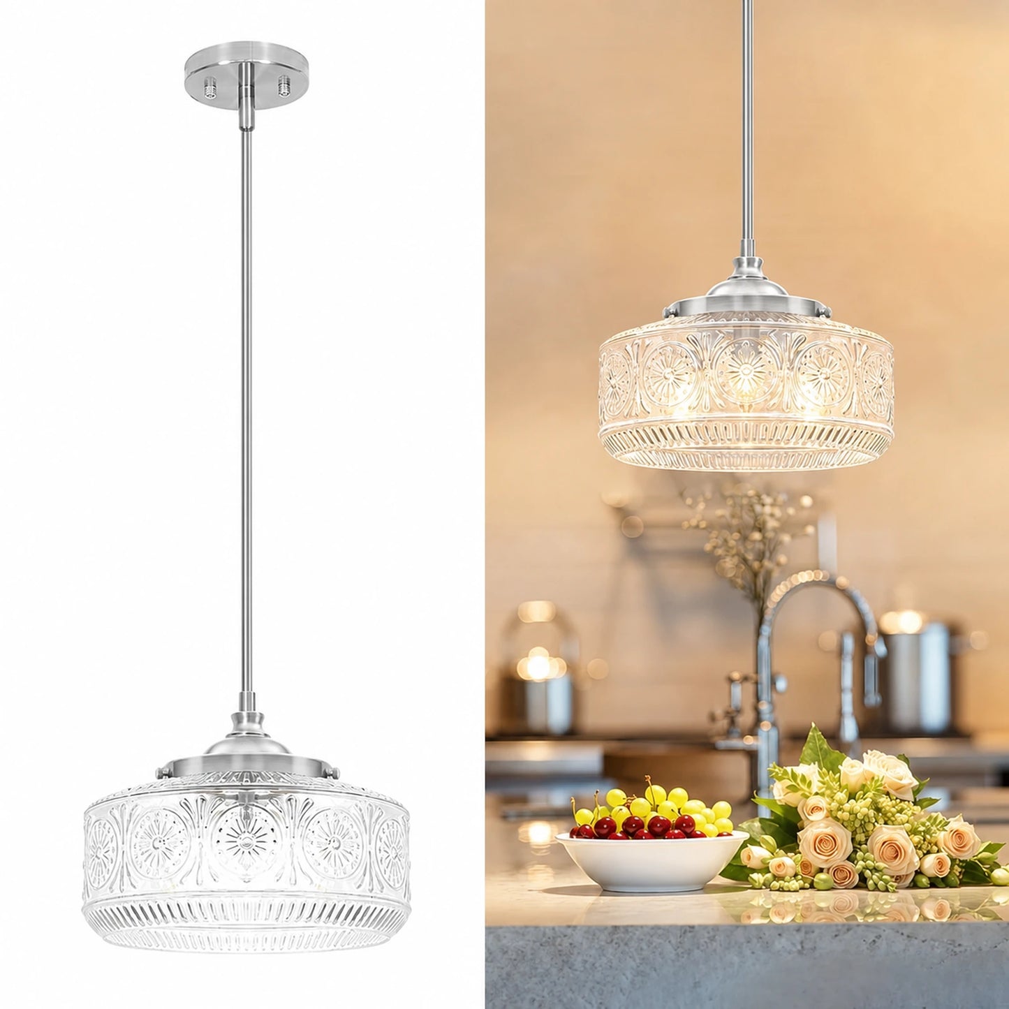 Large Sunflower-Patterned Clear Glass Pendant Light