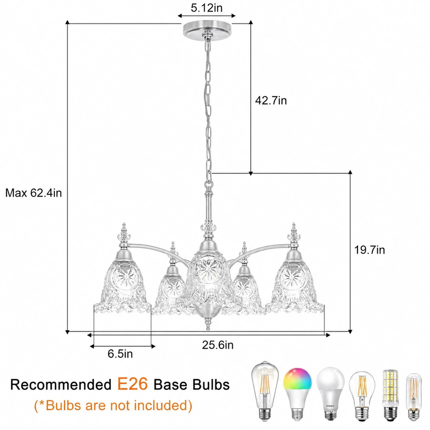 5-Light Large Petal Clear Glass Chandelier