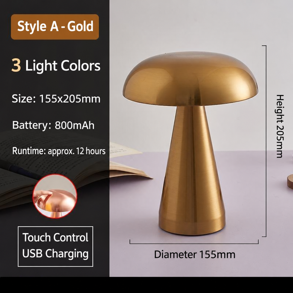 USB Rechargeable Metal Mushroom Table Lamp