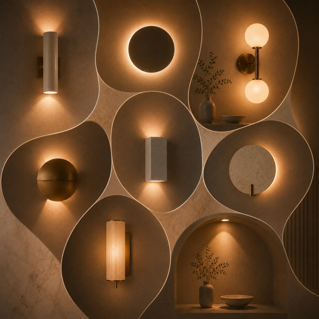 Warm architectural wall lights displayed in sculpted niches