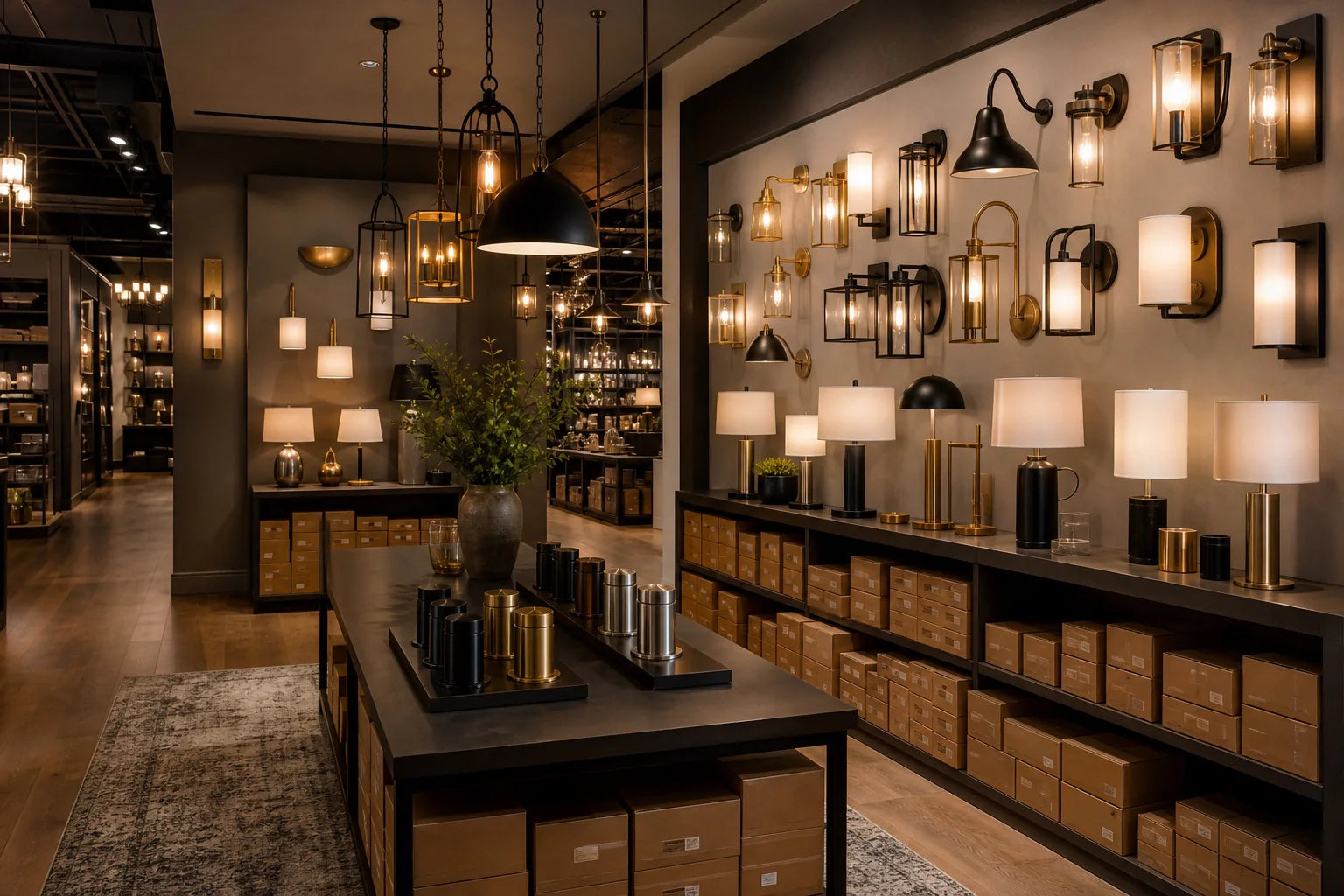 Lighting retail showroom with wall lights, pendants, table lamps, and organized stock