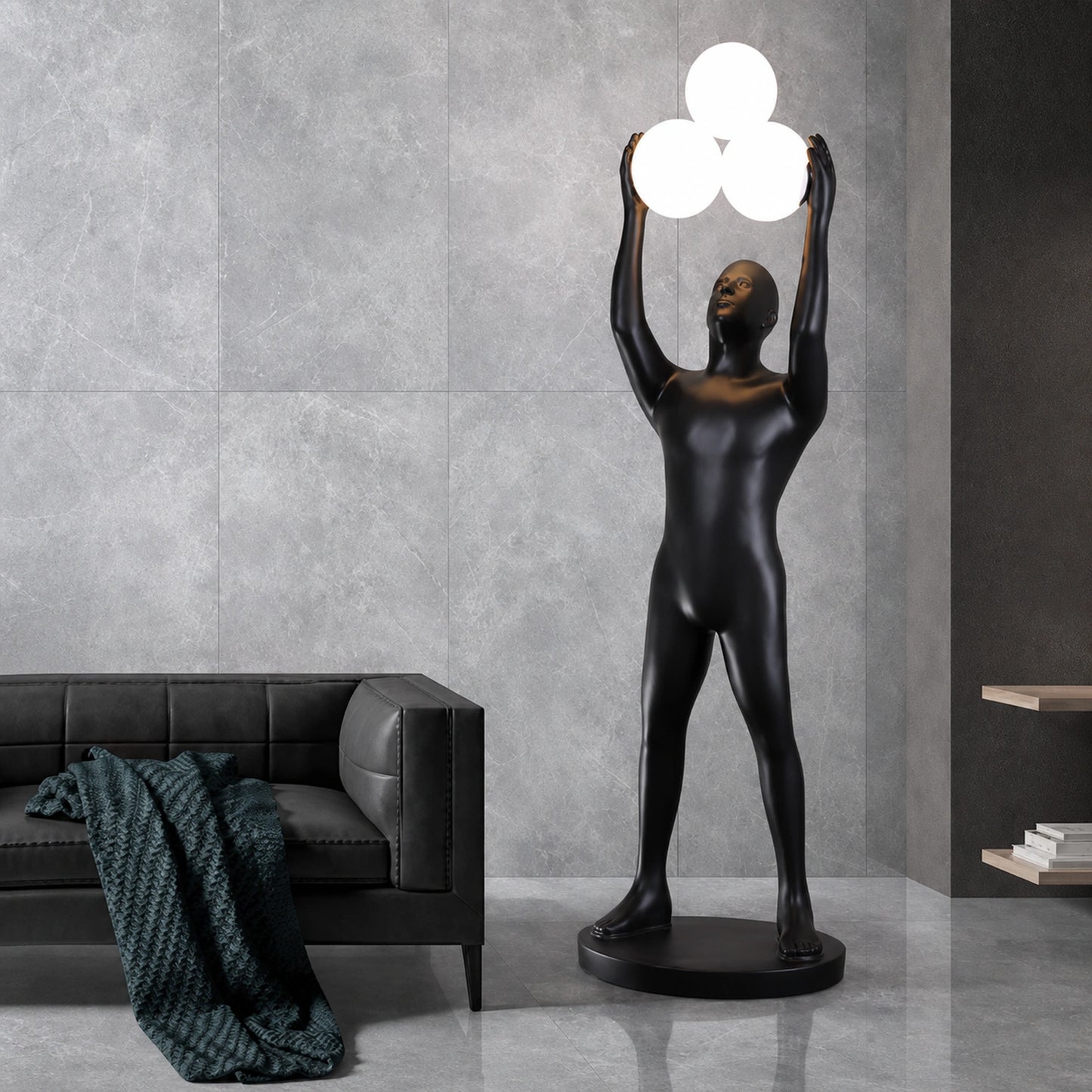 F9182 Black and Gold Figure Holding Three Globes Floor Lamp