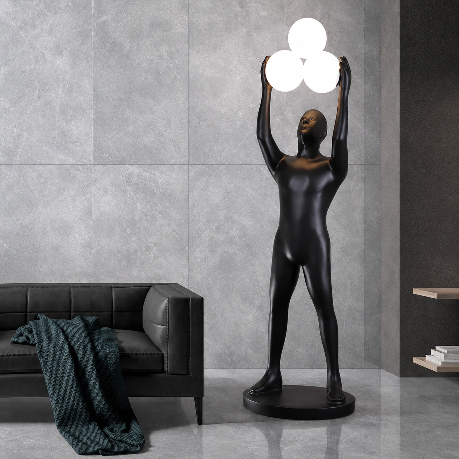 F9182 Black and Gold Figure Holding Three Globes Floor Lamp