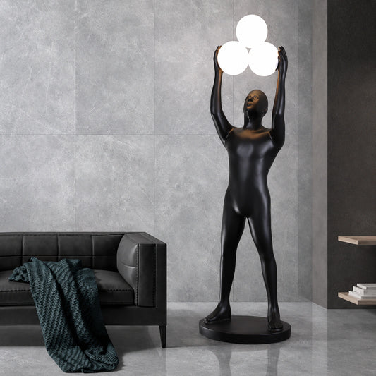 F9182 Black and Gold Figure Holding Three Globes Floor Lamp