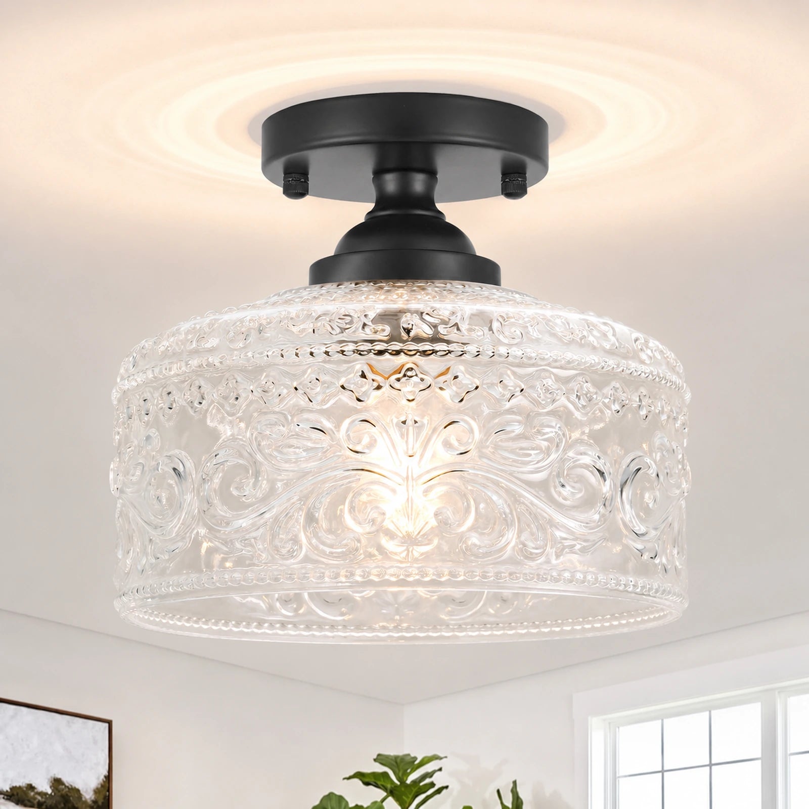 Small Treasure Bowl Floral-Patterned Glass Shade Ceiling Light