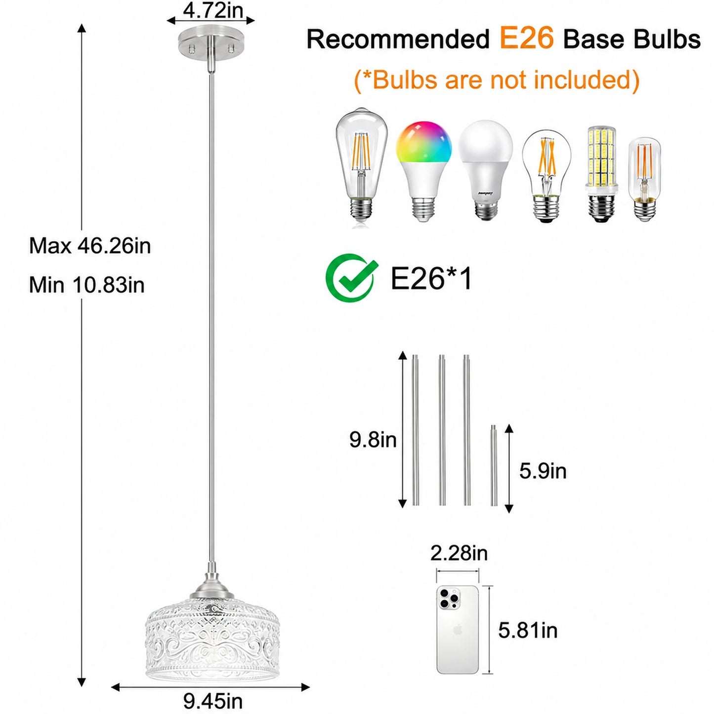 Small Embossed Clear Glass Bowl Pendant Light