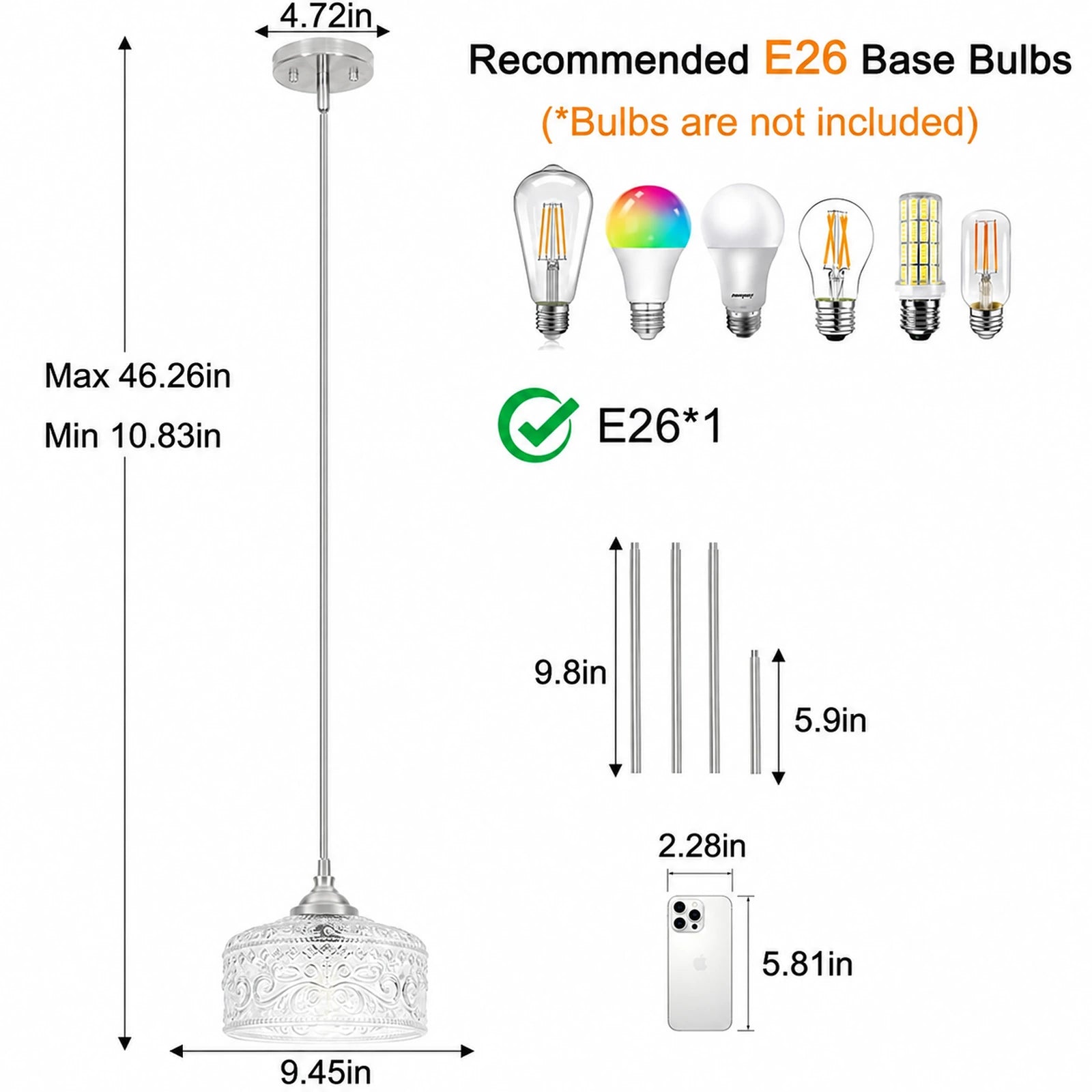 Small Embossed Clear Glass Bowl Pendant Light