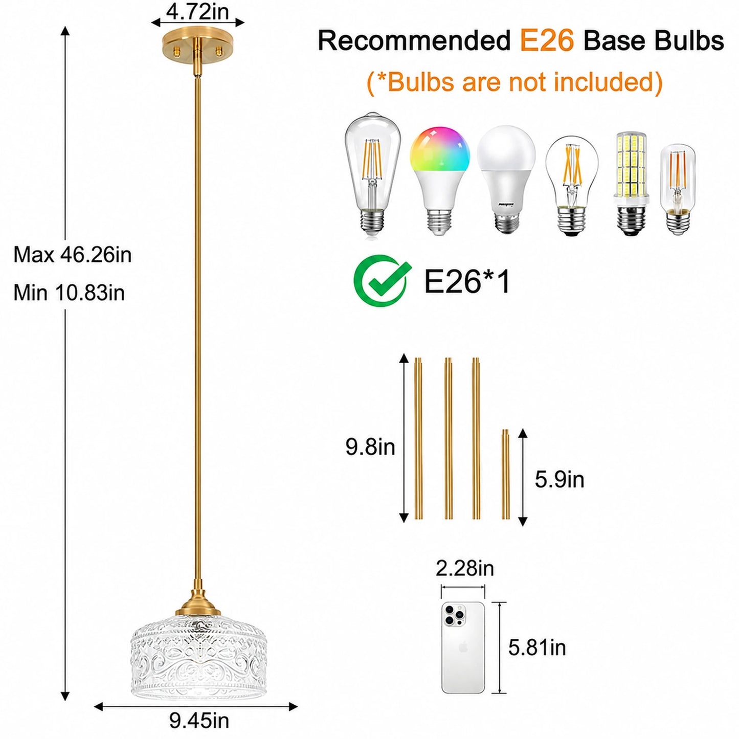 Small Embossed Clear Glass Bowl Pendant Light