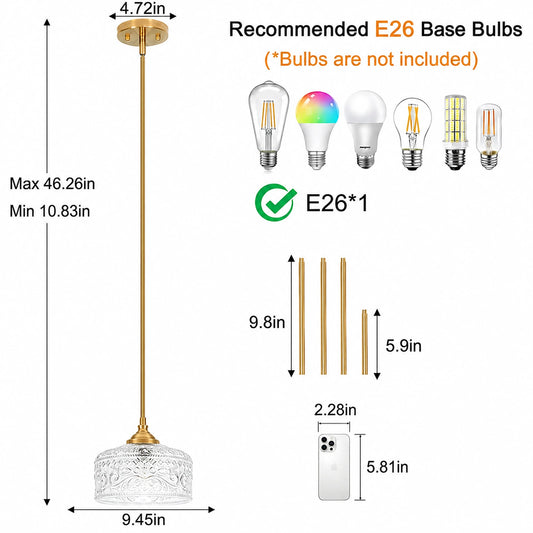 Small Embossed Clear Glass Bowl Pendant Light
