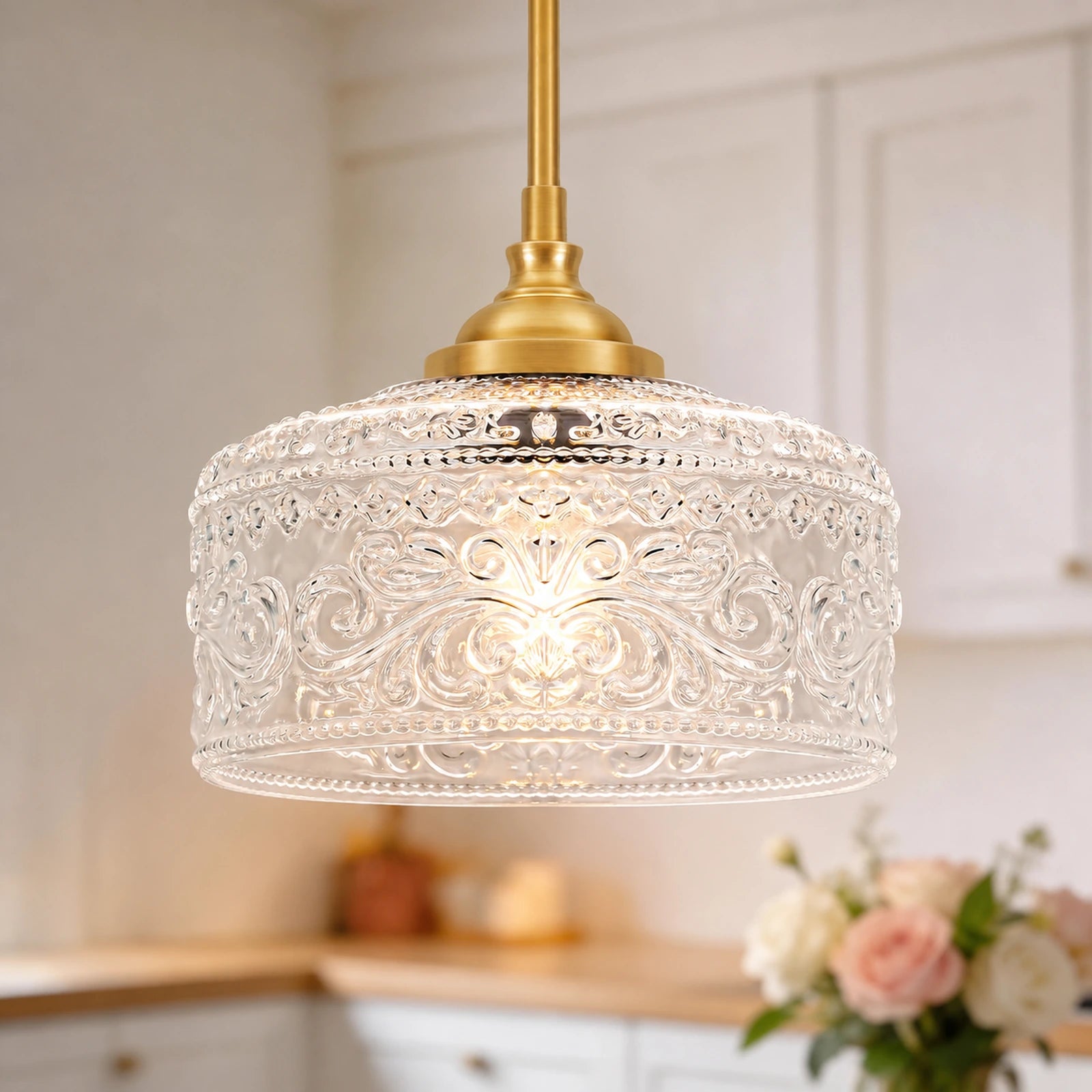 Small Embossed Clear Glass Bowl Pendant Light
