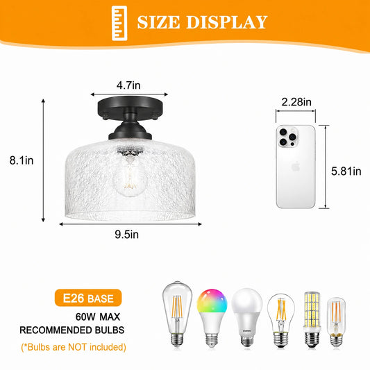 Small Black Bowl-Shaped Patterned Glass Ceiling Light