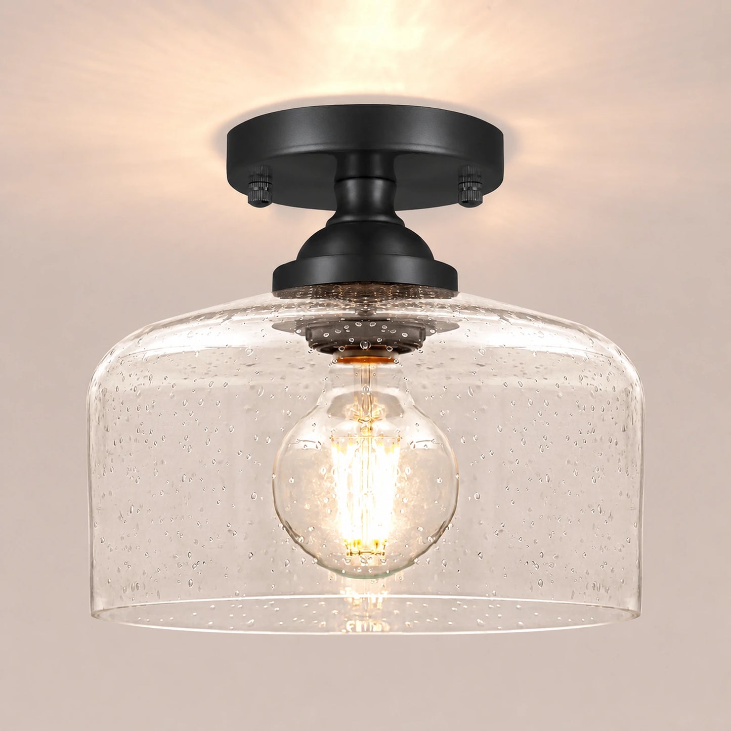 Small Black Bowl-Shaped Patterned Glass Ceiling Light
