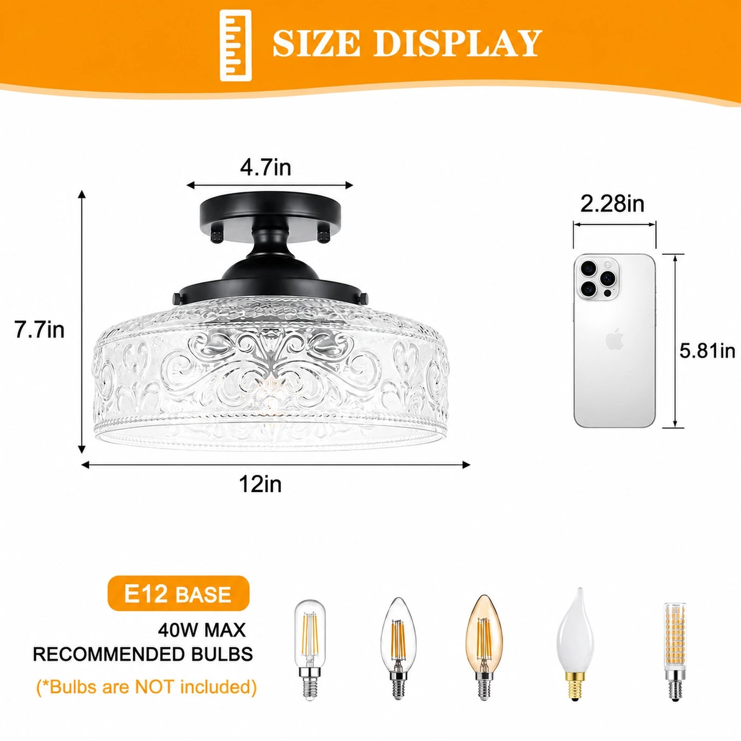 Large Bowl-Shaped Patterned Glass Ceiling Light