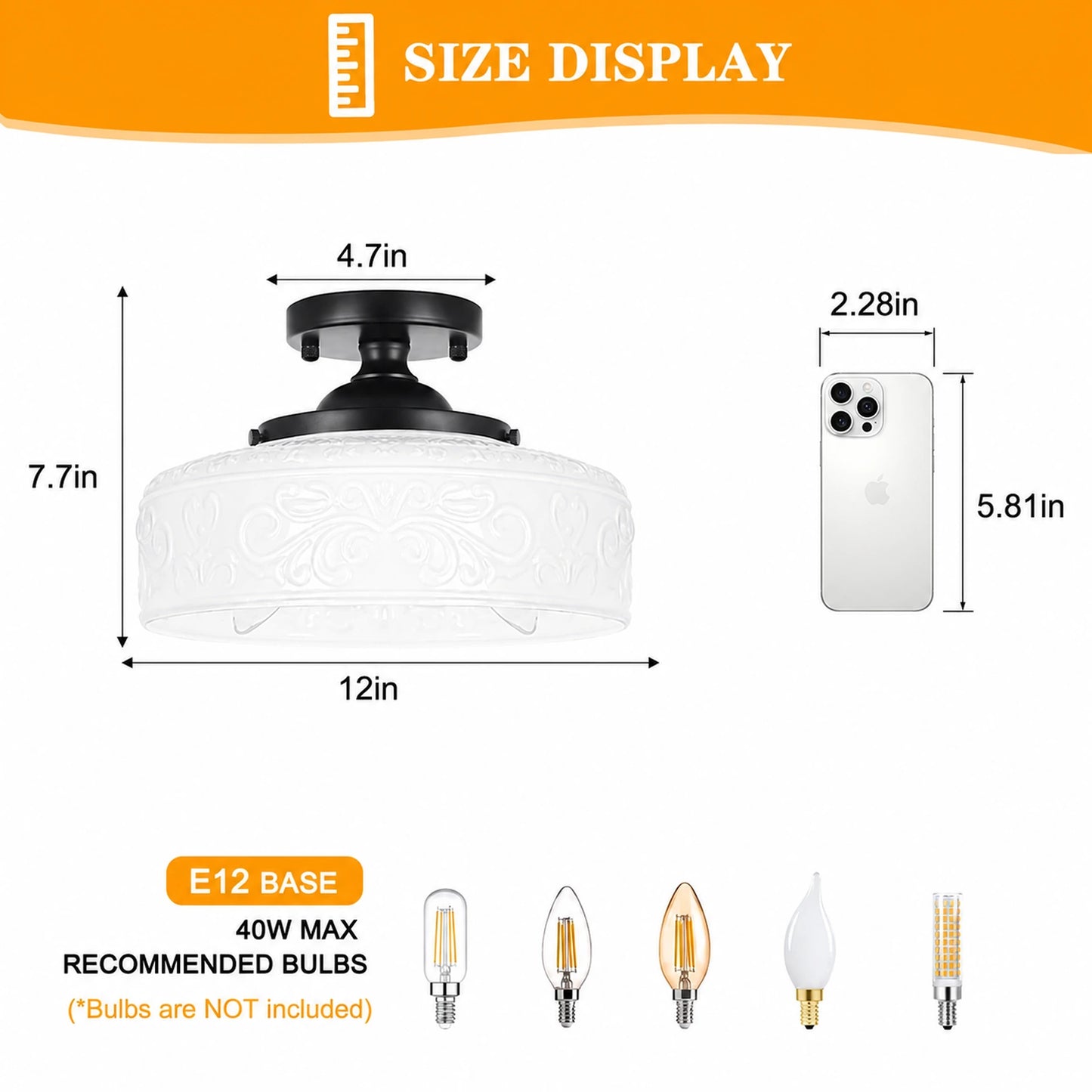 Large Bowl-Shaped Patterned Glass Ceiling Light