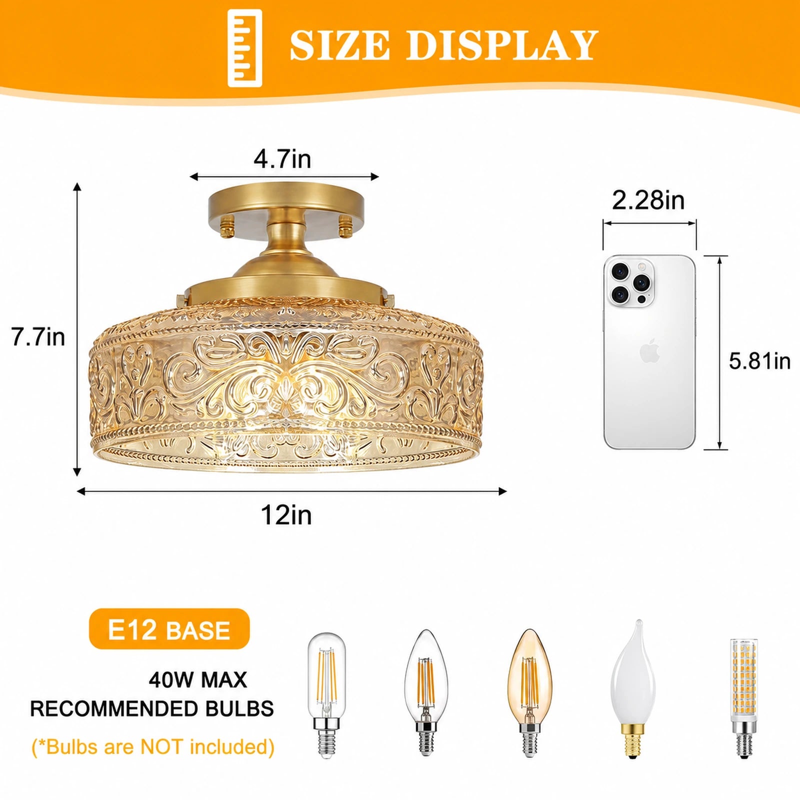 Large Bowl-Shaped Patterned Glass Ceiling Light