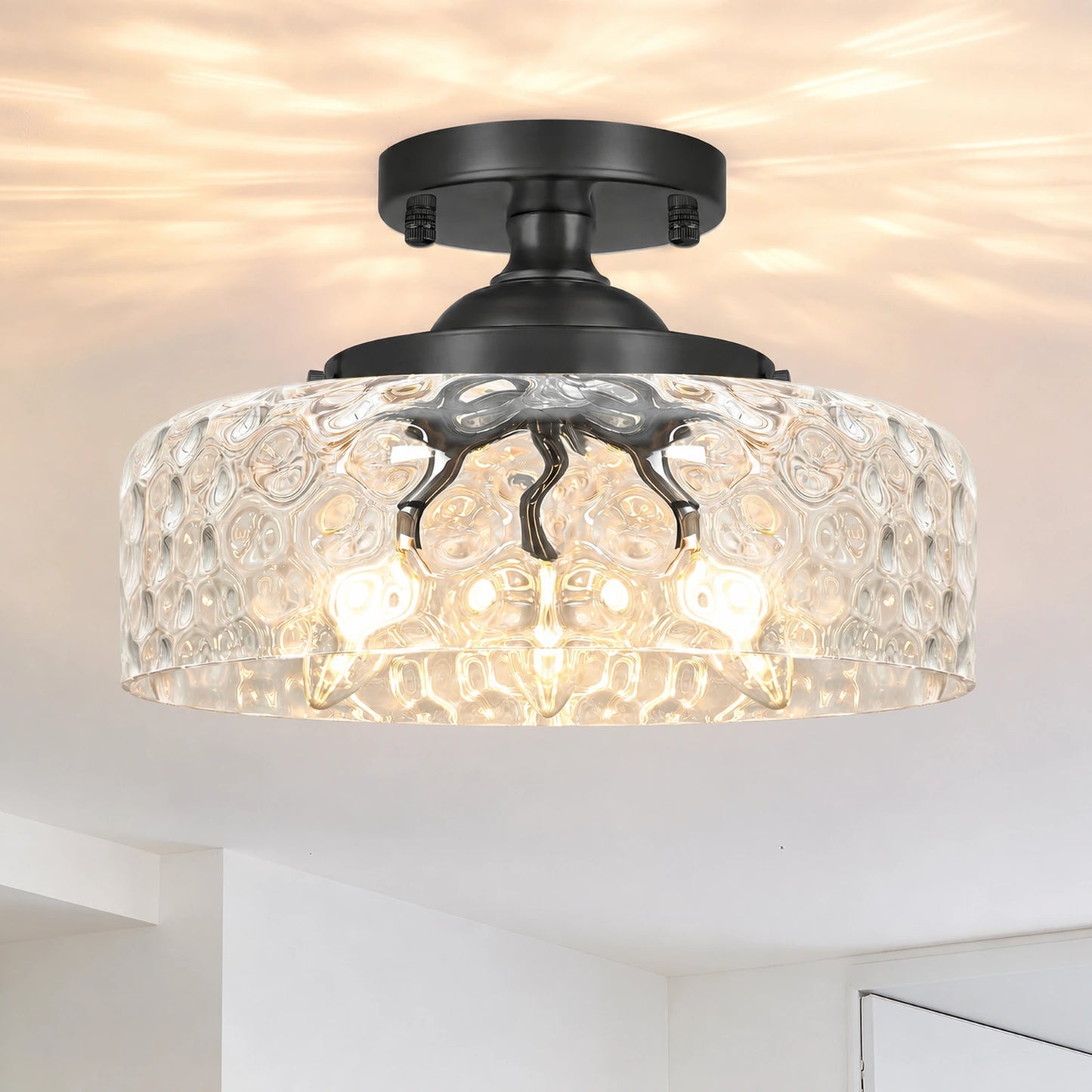 Large Hammered Clear Glass Bowl Flush Mount Ceiling Light