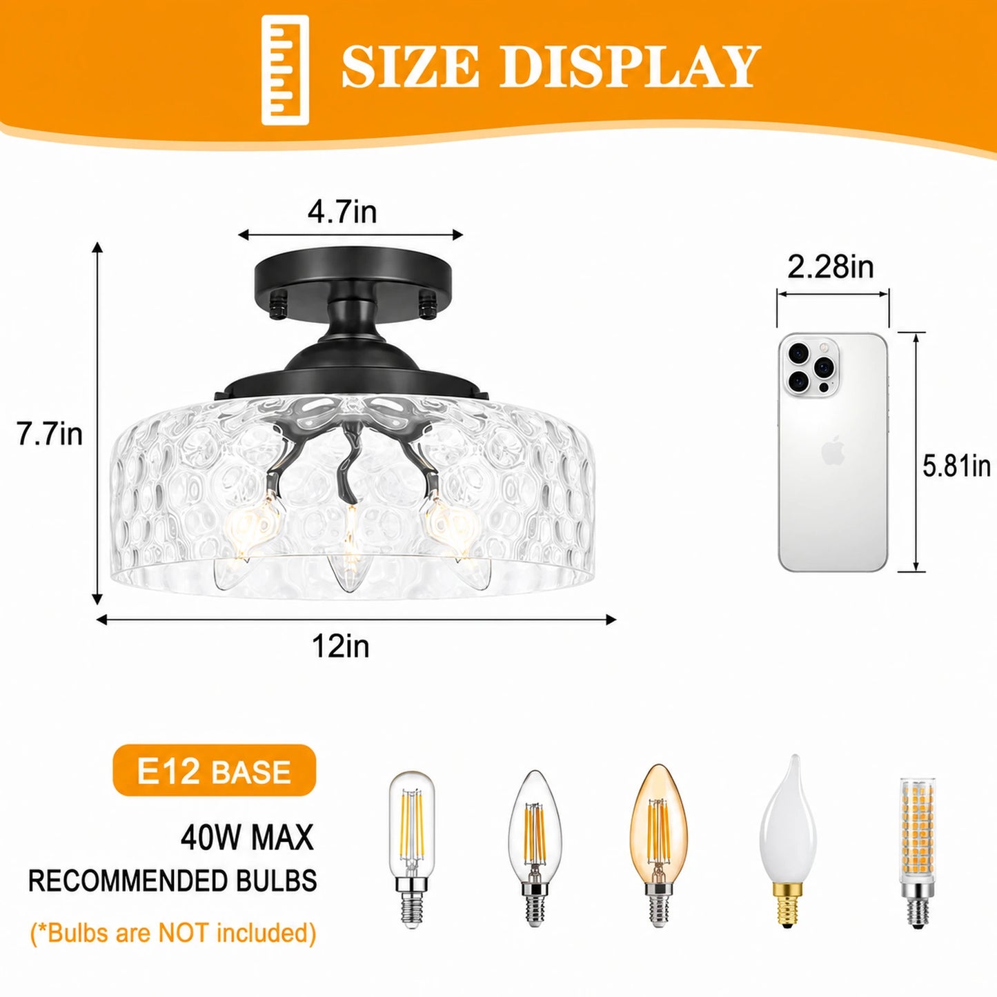Large Hammered Clear Glass Bowl Flush Mount Ceiling Light