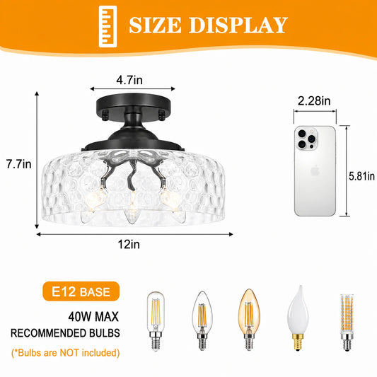 Large Hammered Clear Glass Bowl Flush Mount Ceiling Light