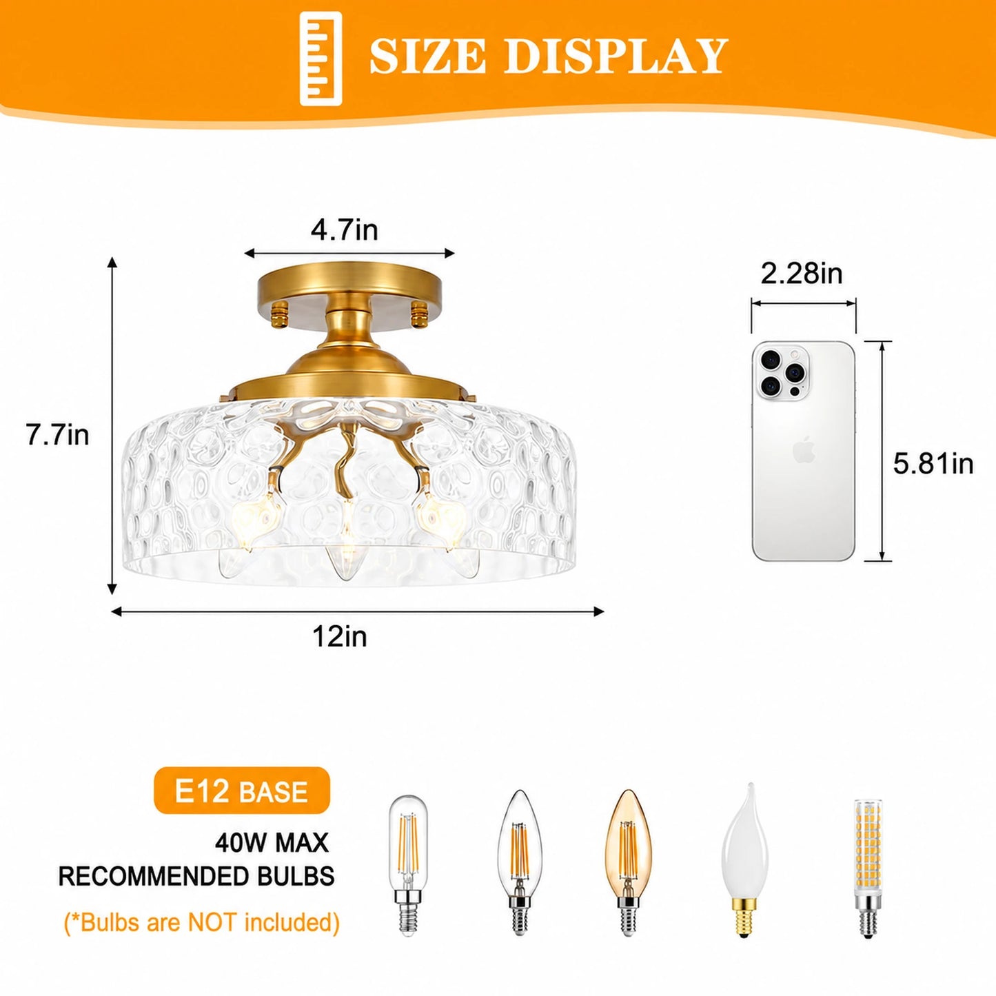 Large Hammered Clear Glass Bowl Flush Mount Ceiling Light