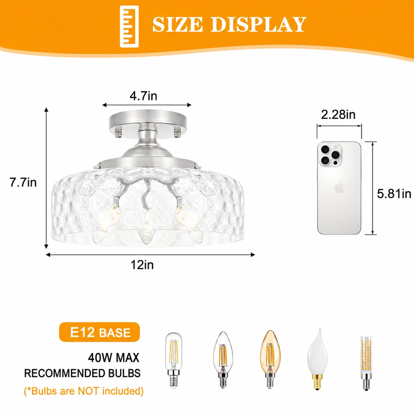 Large Hammered Clear Glass Bowl Flush Mount Ceiling Light