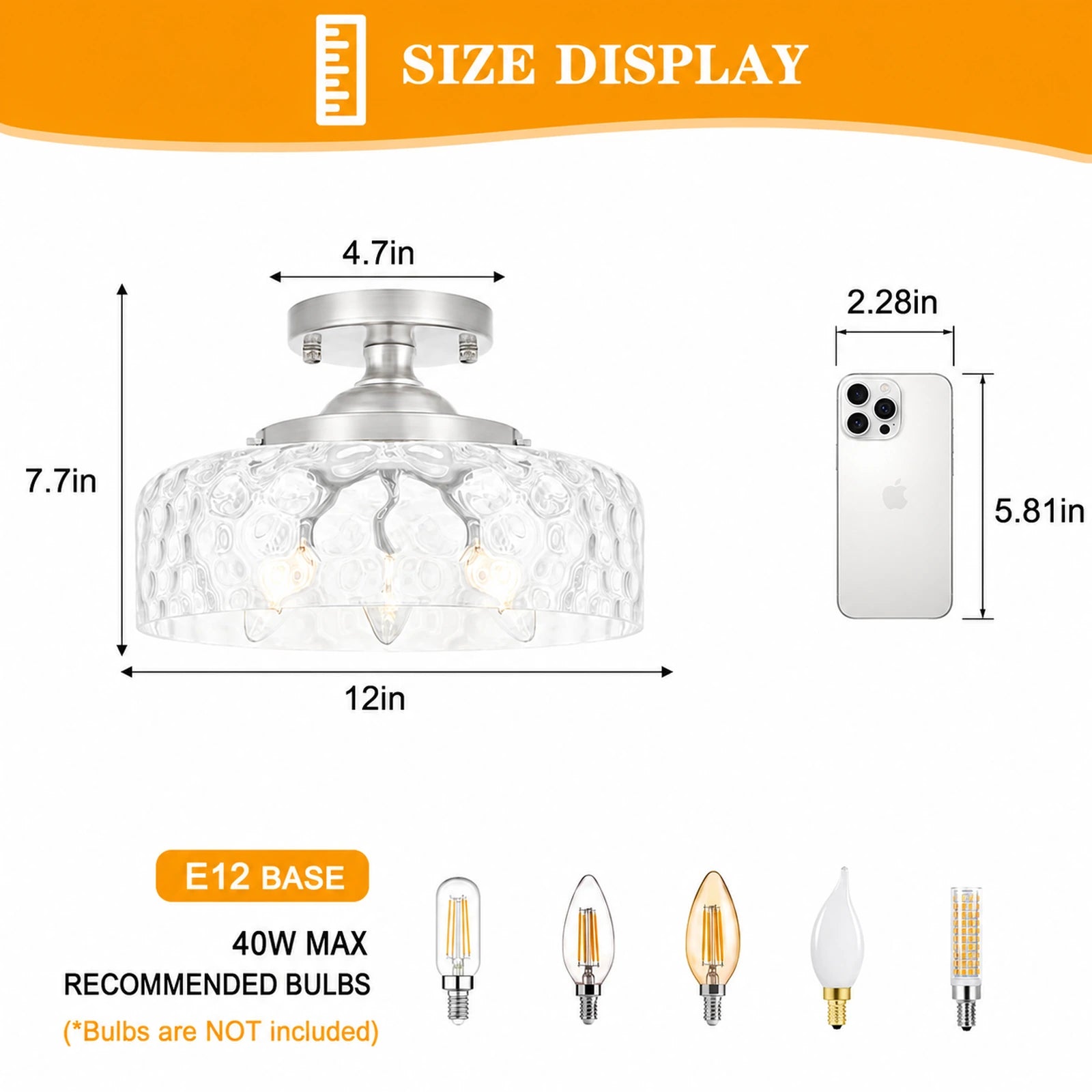 Large Hammered Clear Glass Bowl Flush Mount Ceiling Light