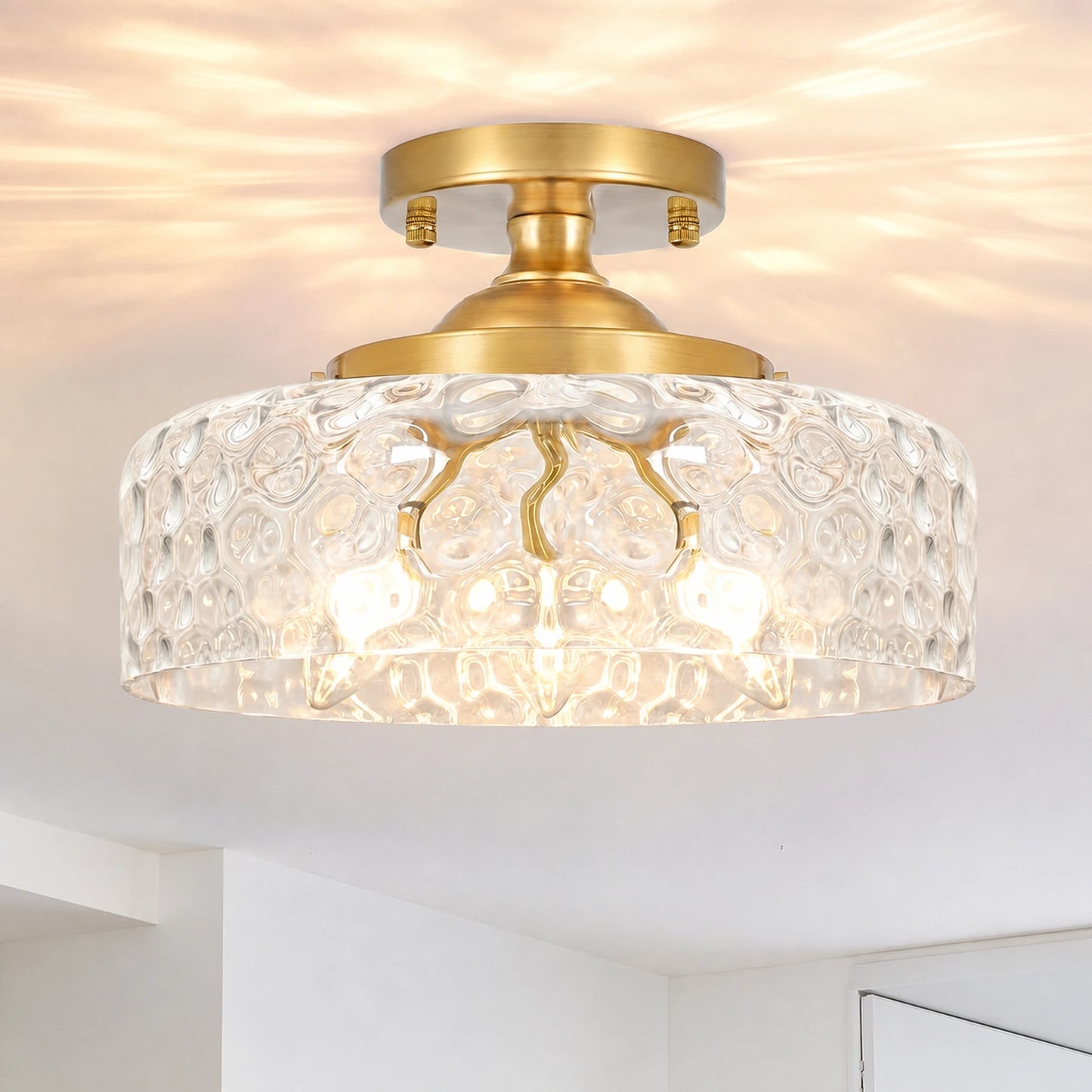 Large Hammered Clear Glass Bowl Flush Mount Ceiling Light