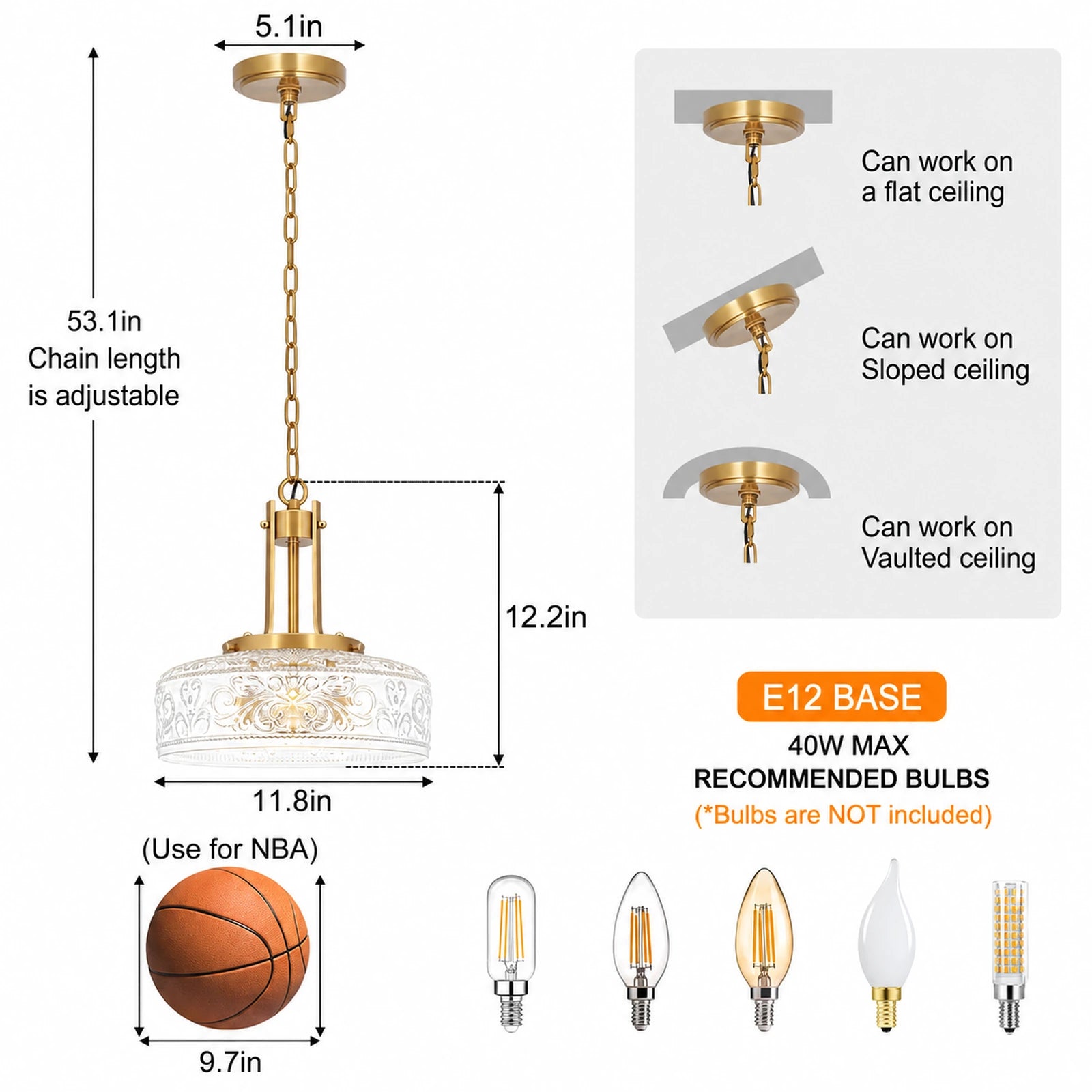 Large Gold Embossed Clear Glass Bowl Chandelier