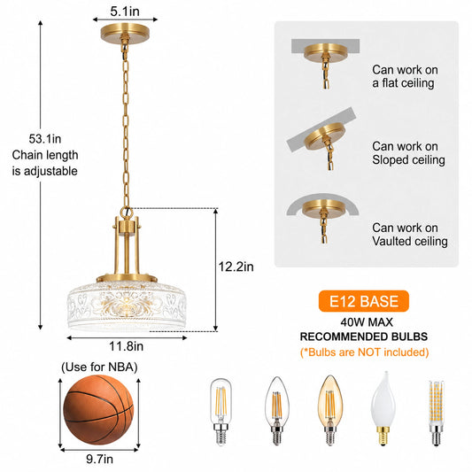 Large Gold Embossed Clear Glass Bowl Chandelier