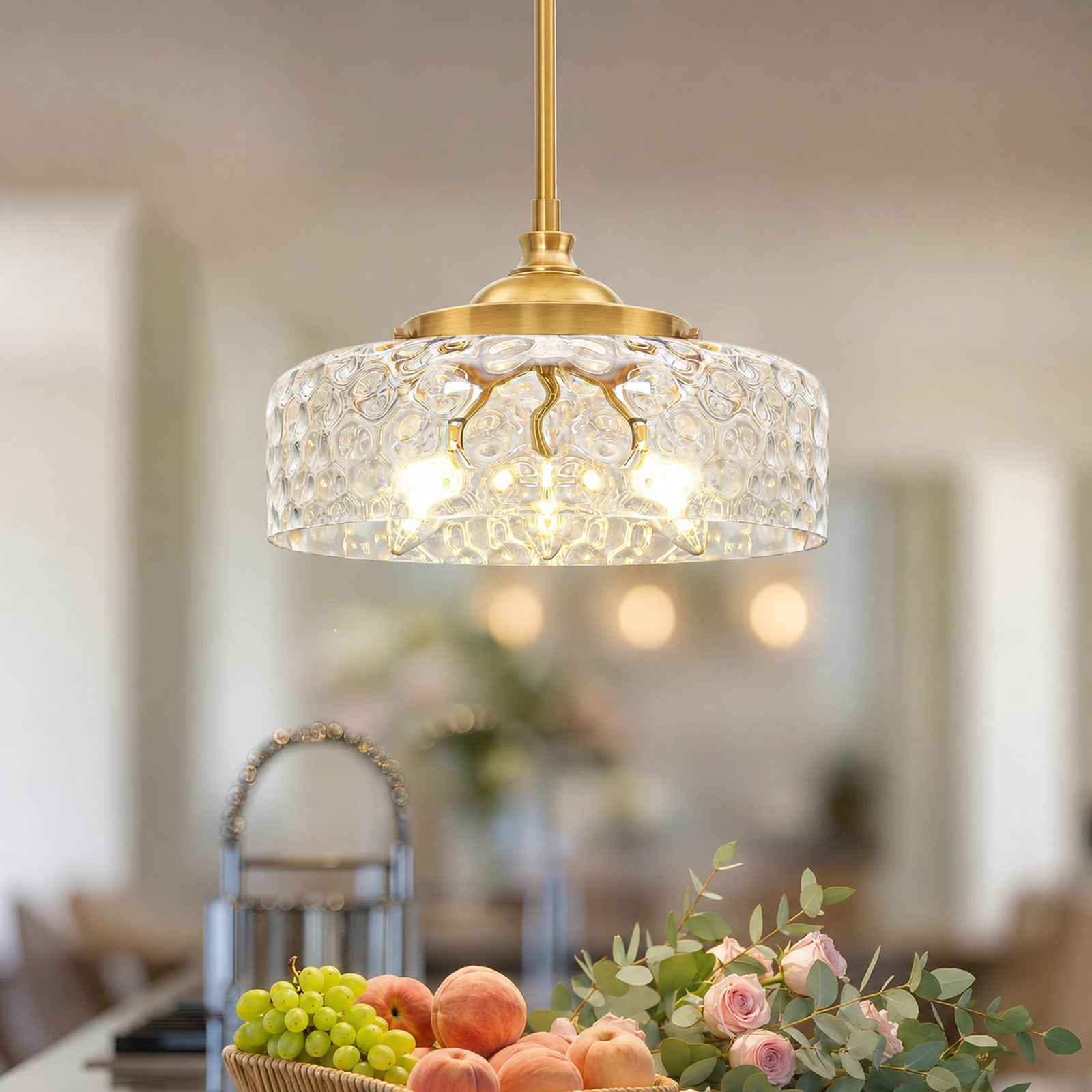 Large Clear Hammered Glass Bowl Pendant Light