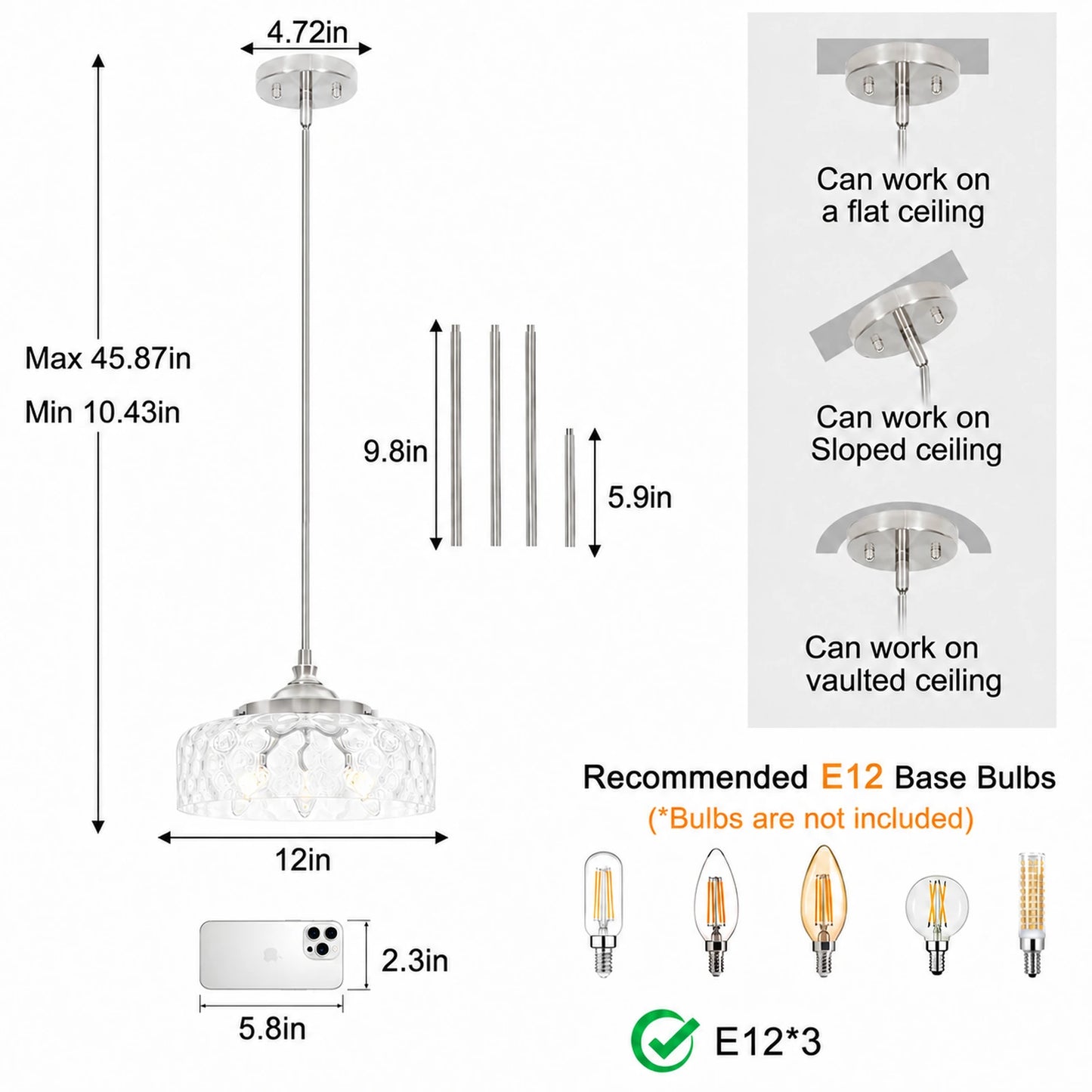 Large Clear Hammered Glass Bowl Pendant Light