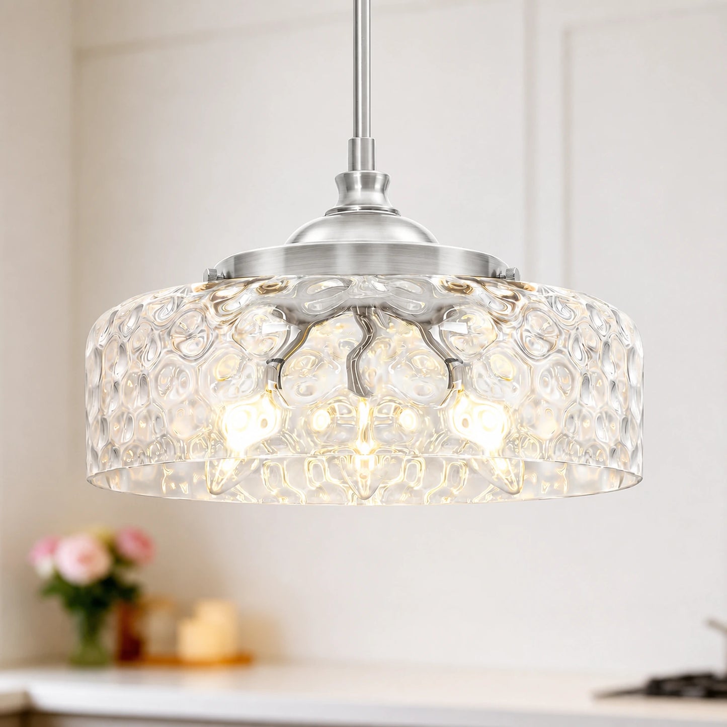 Large Clear Hammered Glass Bowl Pendant Light
