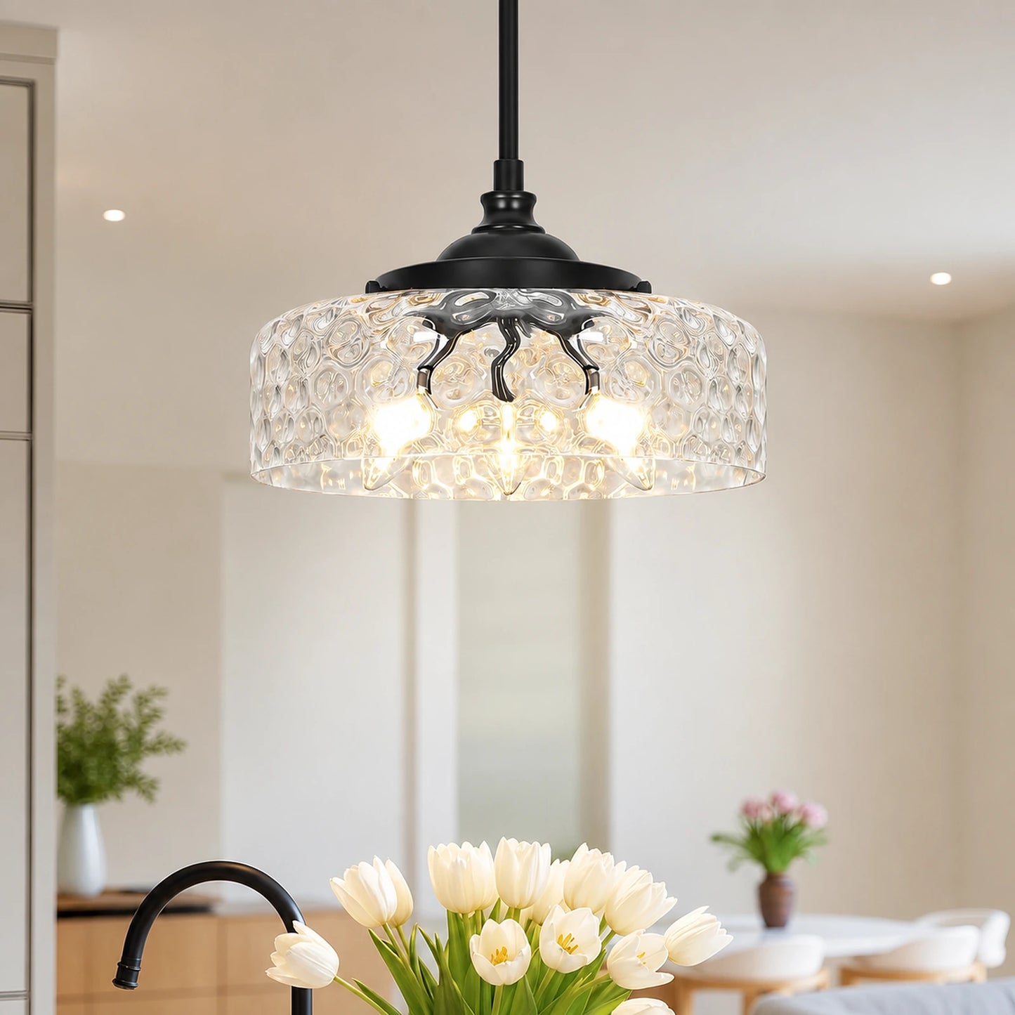 Large Clear Hammered Glass Bowl Pendant Light