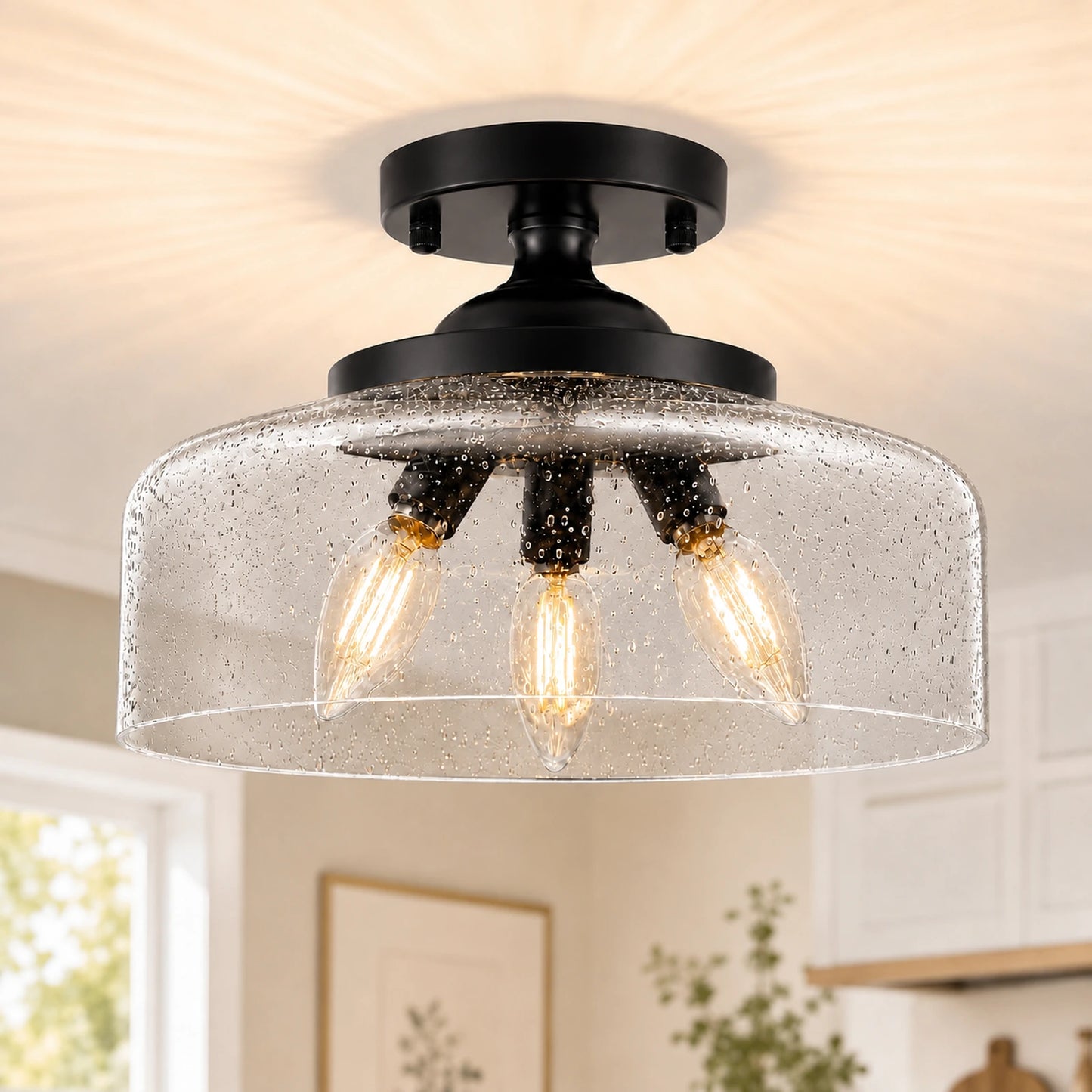 Large Black Seeded Glass Bowl Ceiling Light