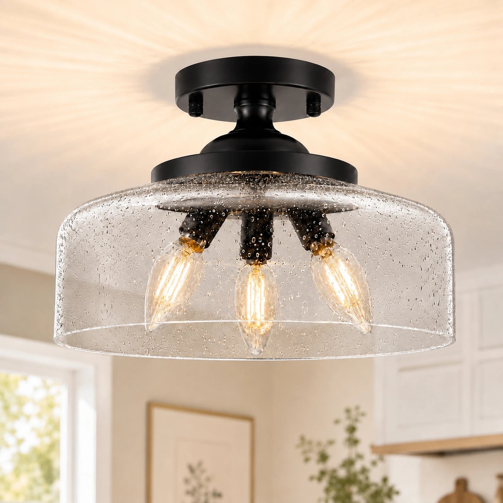 Large Black Seeded Glass Bowl Ceiling Light