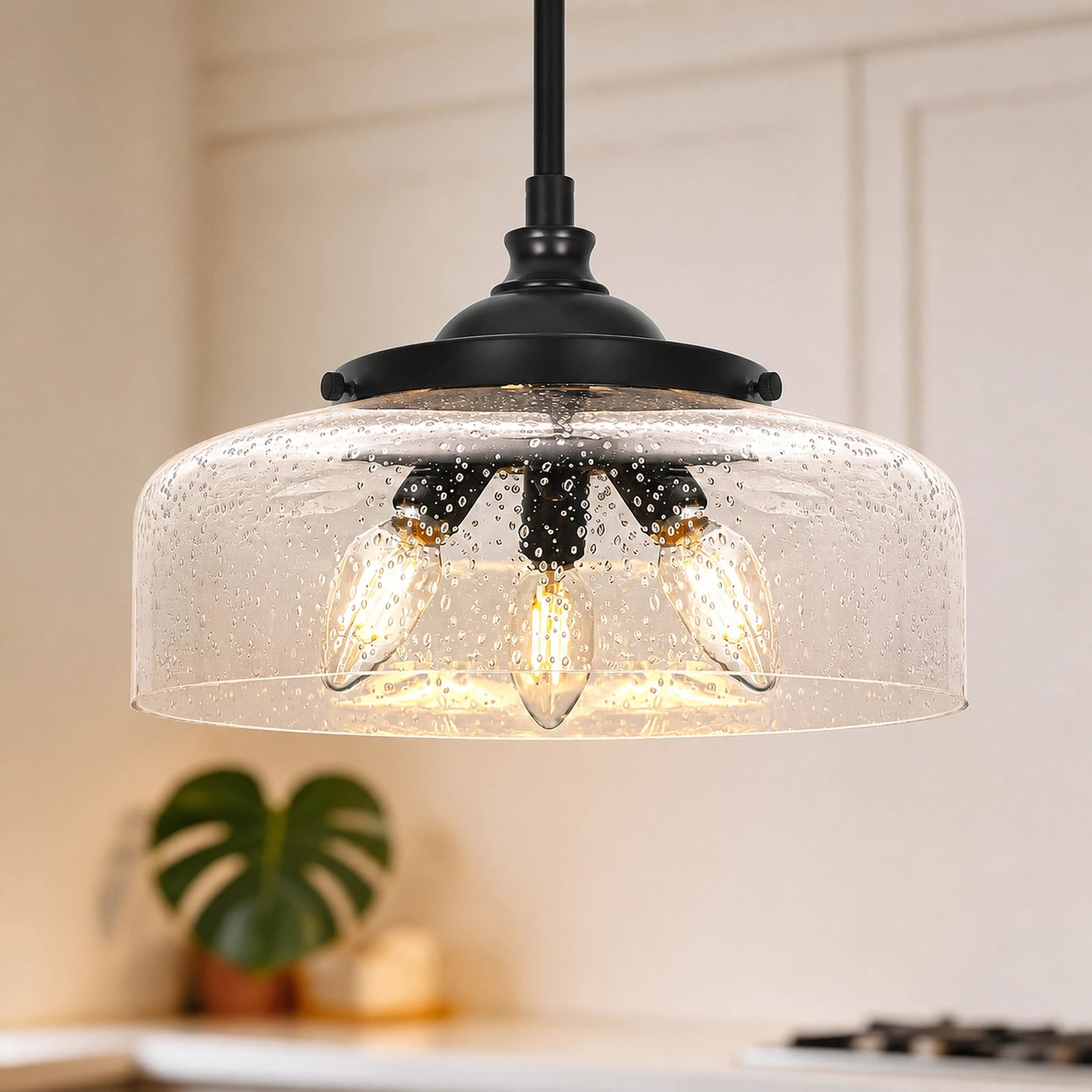 Large 3-Light Black Clear Seeded Glass Bowl Pendant Light