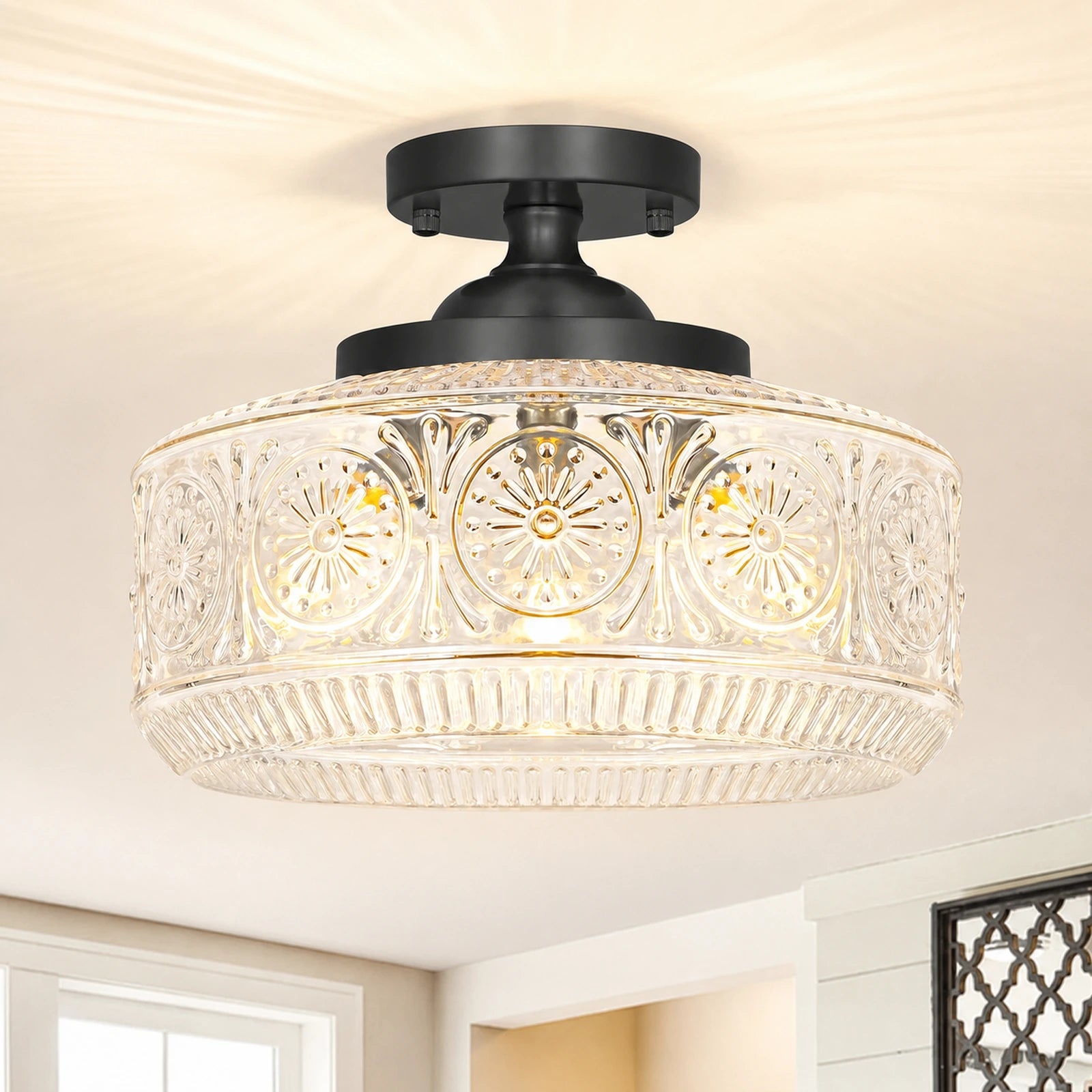 Large Sunflower Embossed Glass Ceiling Light