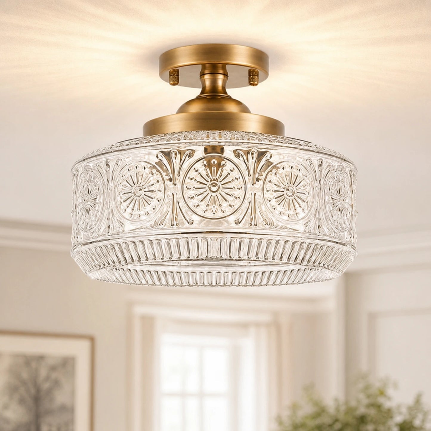 Large Sunflower Embossed Glass Ceiling Light
