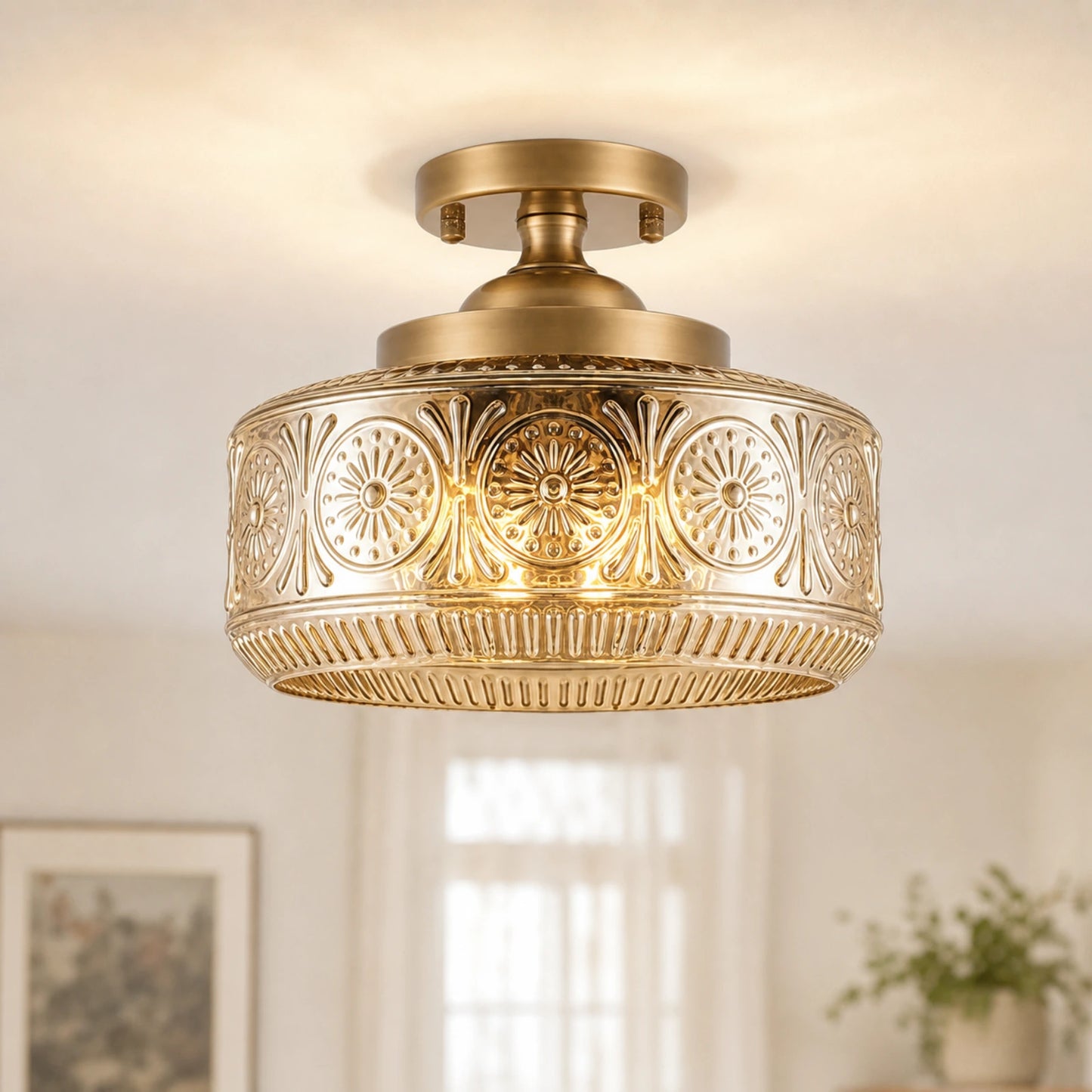 Large Sunflower Embossed Glass Ceiling Light