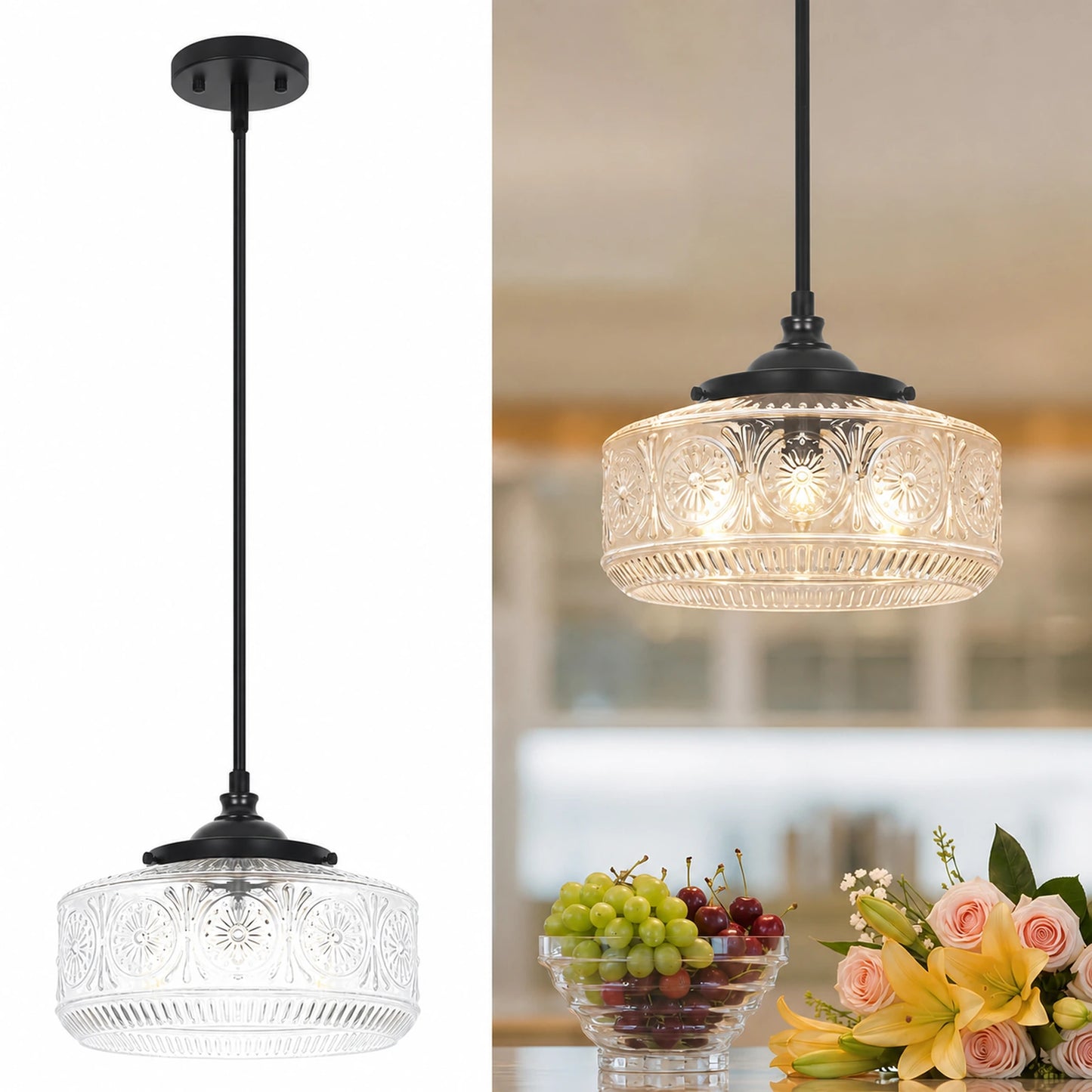 Large Sunflower-Patterned Clear Glass Pendant Light