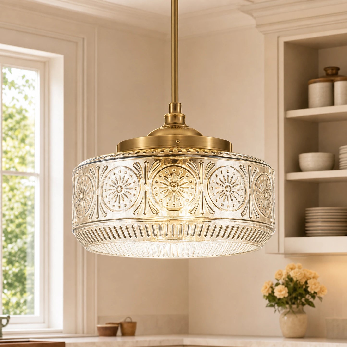 Large Sunflower-Patterned Clear Glass Pendant Light