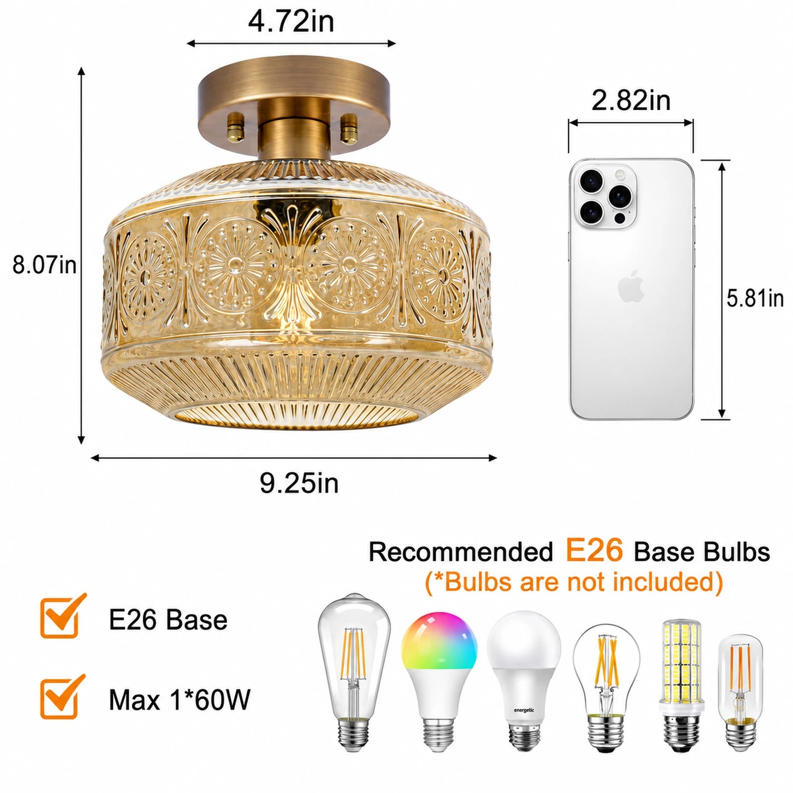 Sunflower Embossed Glass Shade Flush Mount Ceiling Light