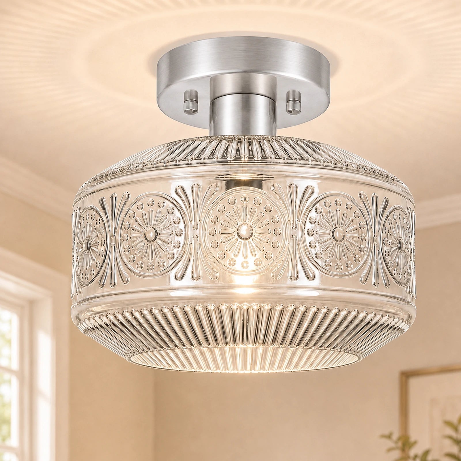 Sunflower Embossed Glass Shade Flush Mount Ceiling Light