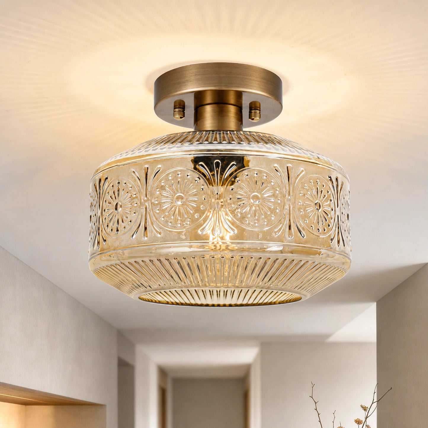 Sunflower Embossed Glass Shade Flush Mount Ceiling Light