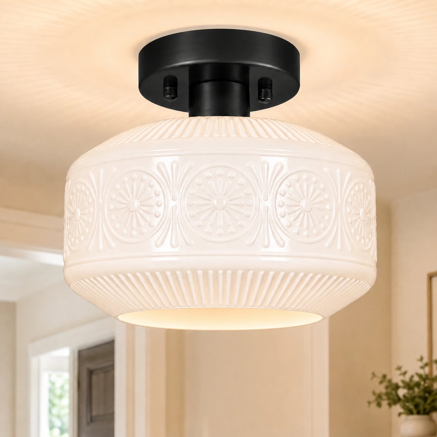 Sunflower Embossed Glass Shade Flush Mount Ceiling Light