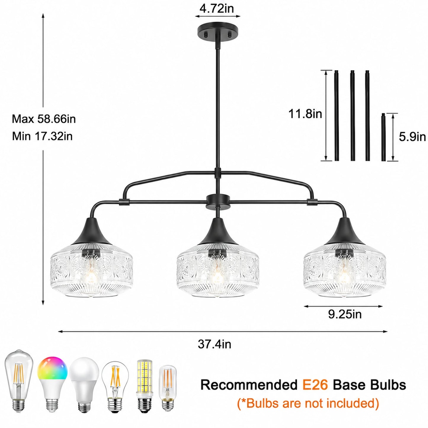 3-Light Sunflower-Patterned Clear Glass Kitchen Island Pendant Light