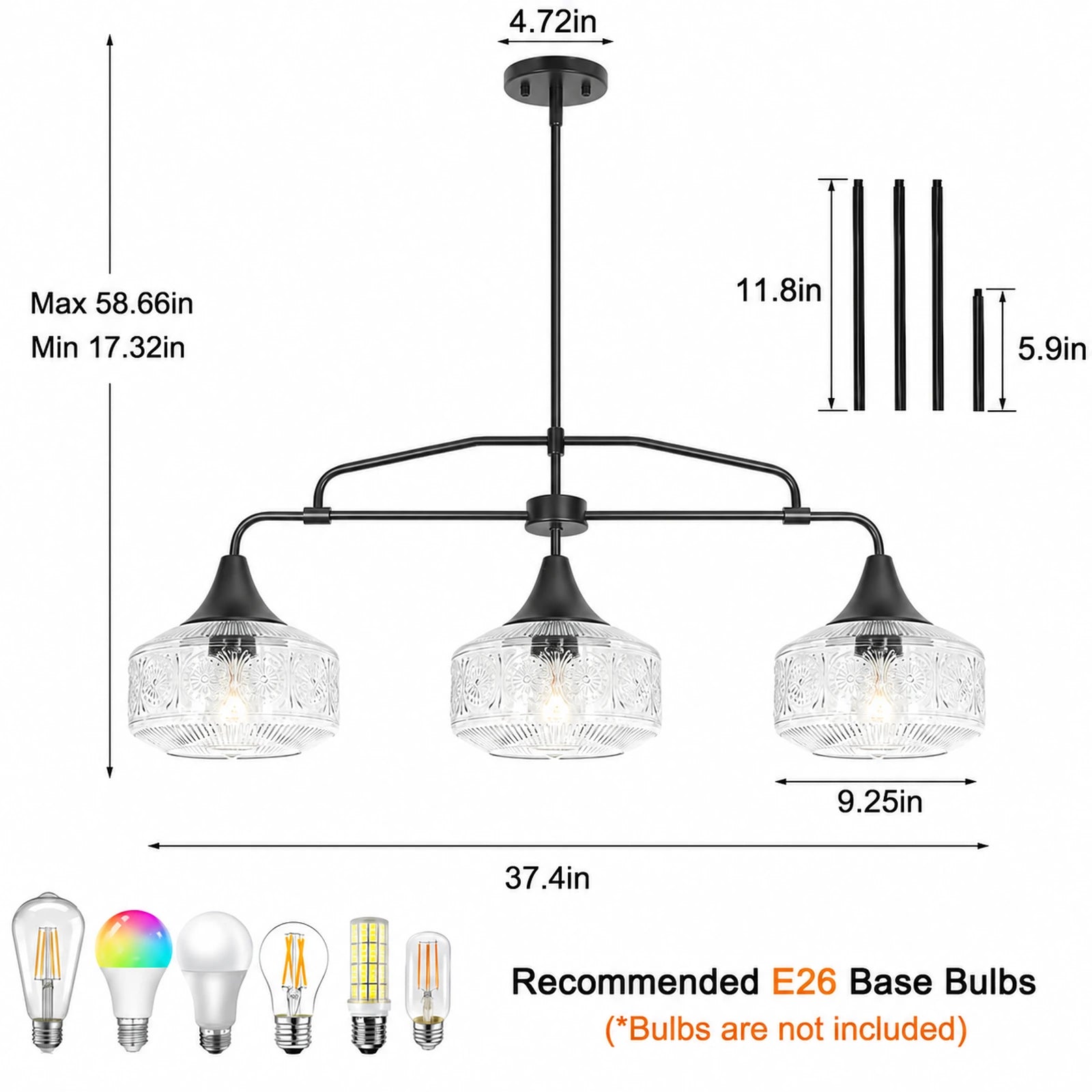 3-Light Sunflower-Patterned Clear Glass Kitchen Island Pendant Light