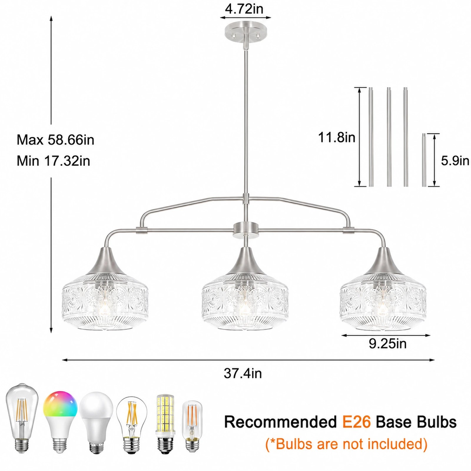 3-Light Sunflower-Patterned Clear Glass Kitchen Island Pendant Light