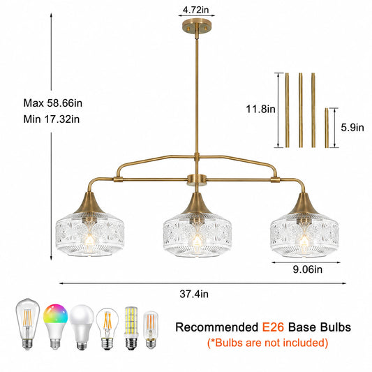 3-Light Sunflower-Patterned Clear Glass Kitchen Island Pendant Light
