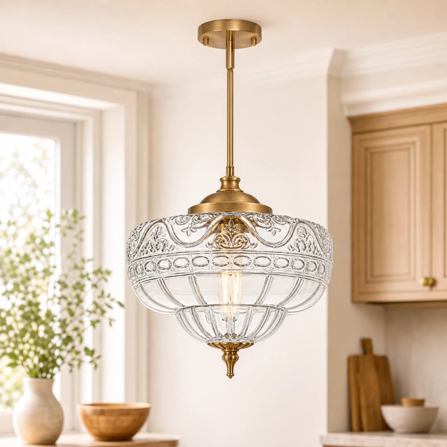 Small Lotus-Patterned Clear Glass Downrod Pendant Light